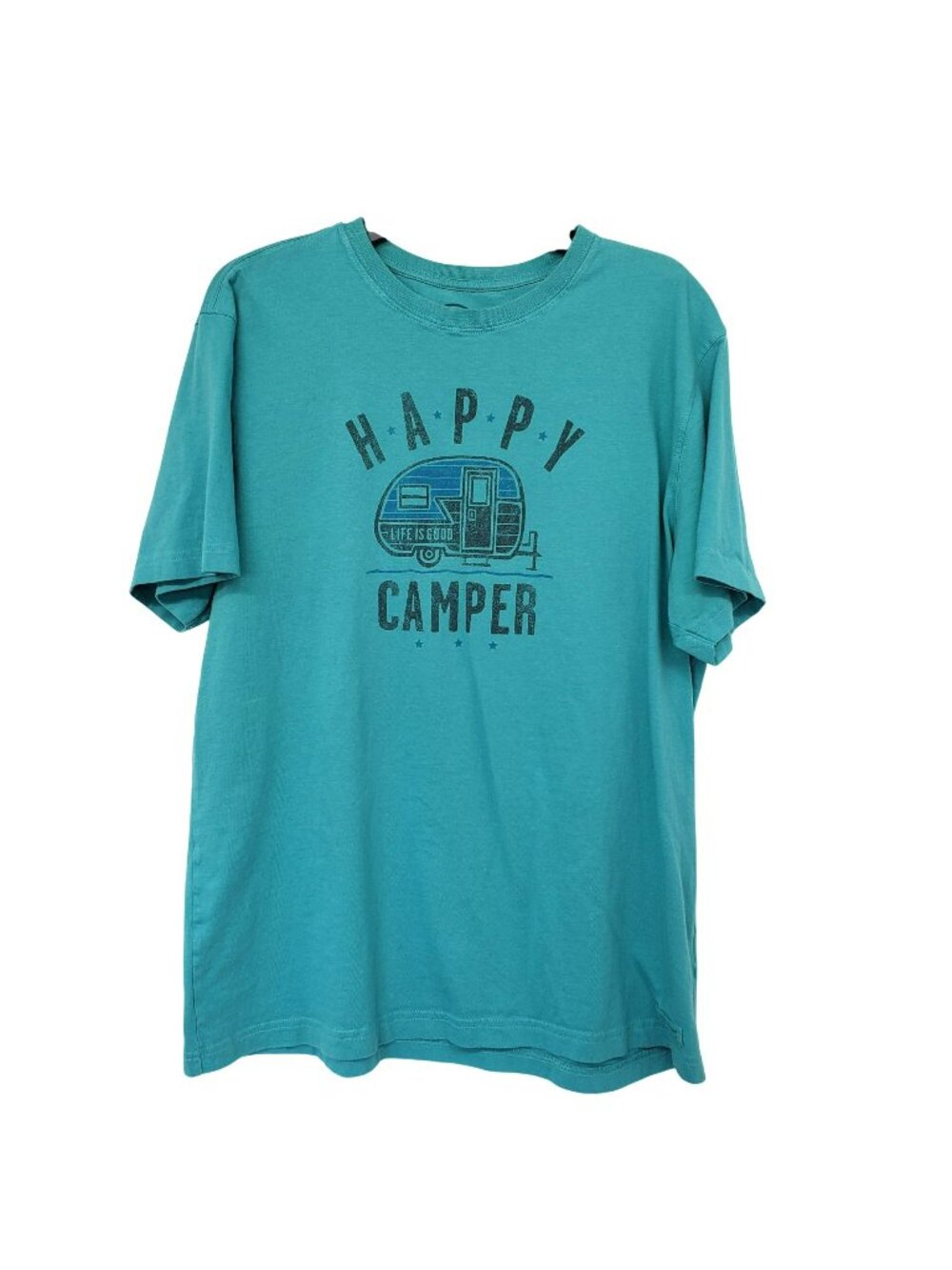 Life is Good Happy Camper Teal Short Sleeve Shirt Womens Classic Fit L Large
